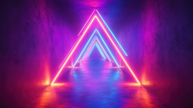 Futuristic tunnel with glowing neon triangular light frames in pink and blue hues creating a vibrant and immersive visual pathway