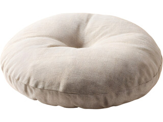 Round beige meditation cushion isolated on white background, symbolizing mindfulness, comfort, and relaxation.