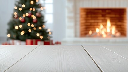 Naklejka premium Cozy atmosphere in a modern living room adorned for New Year celebrations featuring a fireplace and a shimmering Christmas tree