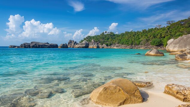 Clear sea alongside rocky formations, ideal for vacation settings, Thailand beach