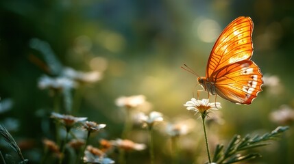 A bright orange butterfly flying gracefully through a spring meadow, with its wings catching the soft sunlight as it moves.
