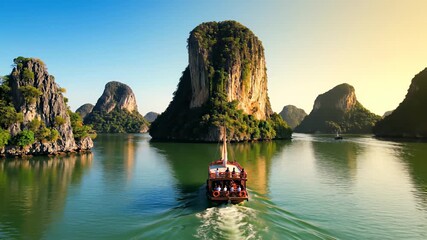 A serene boat glides smoothly through the tranquil waters of Halong Bay, surrounded by majestic mountain ranges in Vietnam, capturing the concept of freedom and adventure, perfect for use cases.