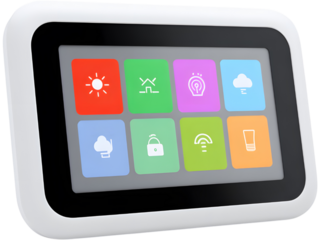 Modern touchscreen control panel with colorful interface isolated on white background, symbolizing smart home technology and innovation.