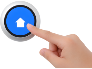 Human finger touching a smart home touchscreen isolated on white background, representing modern digital control and automation.