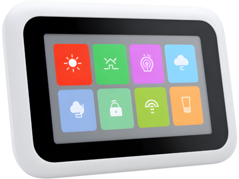 Modern touchscreen control panel with colorful interface isolated on white background, symbolizing smart home technology and innovation.