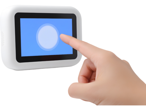Human finger touching a smart home touchscreen isolated on white background, representing modern digital control and automation.