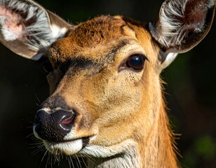 Close-up of a brown antelope's face, focused on its expressive eyes