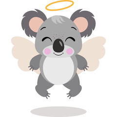 Cute cartoon koala with angel wings and a golden halo smiling joyfully on a transparent background