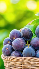Fototapeta premium Enjoying the rich harvest of ripe purple figs in a sunlit garden setting with vibrant greenery