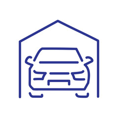 A simple blue line art icon of a car parked inside a garage.