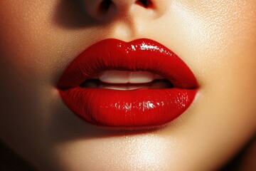 Close-up of glossy red lips slightly parted revealing teeth on smooth skin
