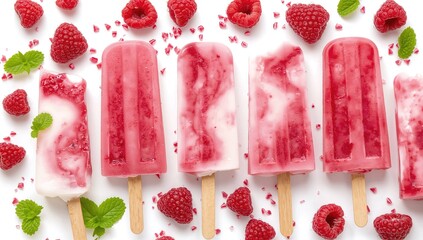 Homemade raspberry yogurt popsicles featuring fresh raspberries and mint, a refreshing treat for summer, perfect for those watching sugar intake