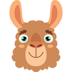 Cute Cartoon Llama Face With Big Green Eyes And Fluffy Brown Fur On Transparent Background A Friendly Looking Andean Camelid Animal Portrait