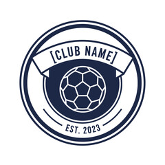 "Modern soccer team badge, editable text for club name, navy blue and white colors
