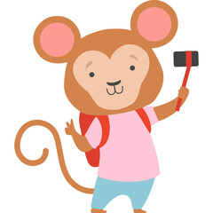 Cute cartoon monkey character wearing a pink shirt blue pants and red backpack taking a selfie with a smartphone on a selfie stick with a peace sign gesture against a white background