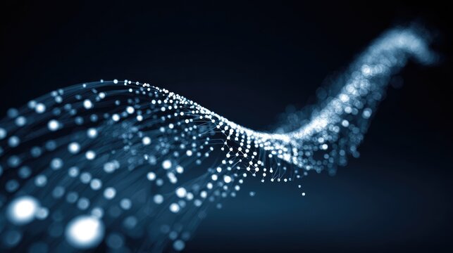 Abstract illustration of flowing particles and lights on a dark background, representing motion, technology, and network connectivity in digital art concepts