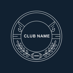 "Modern circular football badge, navy blue and silver combination, editable club name area, simple vector line design, easy to trace"
