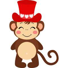 Cute cartoon monkey wearing a red top hat decorated with white hearts standing against a transparent white background celebrating love and joy