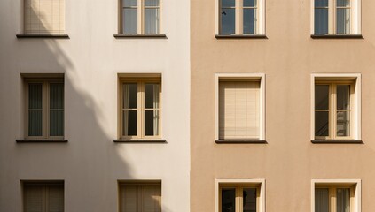 Fototapeta premium Stylish modern building featuring beige walls and windows, architectural facade design backdrop