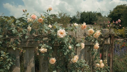 Climbing roses intertwined with a fence, showcasing natural beauty and growth