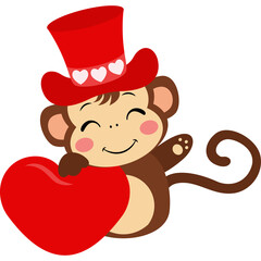 Cute cartoon monkey wearing a red top hat with hearts holding a large red heart isolated on a transparent background