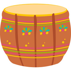 Traditional Indian Dhol Drum Decorated with Colorful Ethnic Patterns and Geometric Motifs on a Transparent Background