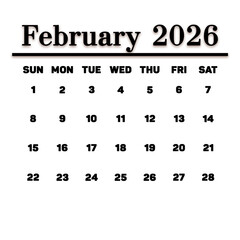 Monthly calendar for February 2026 isolated on a white background. Clean classic template ideal for planning, scheduling, printing, and design layouts.