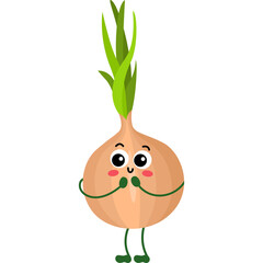 Cute Cartoon Onion Character With Big Eyes And Green Sprouts Standing On White Background With Hands Together In A Shy Pose
