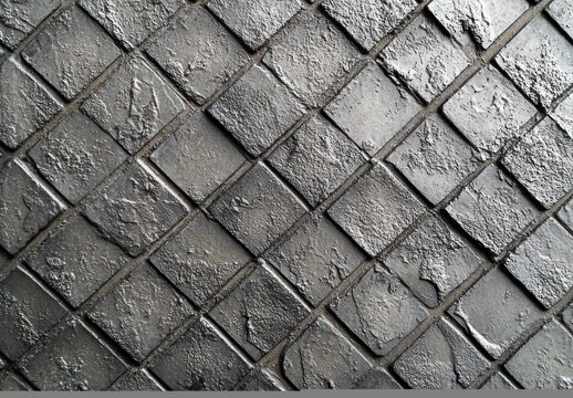 close-up of textured gray stone tiles arranged in a diagonal grid pattern with rough, uneven surfaces