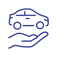 Blue line art icon of a hand holding a car, symbolizing vehicle insurance, protection, and care.