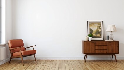 Fototapeta premium Old-fashioned lounge area featuring classic furnishings and a poster on the sideboard, blank wall space available - Authentic photograph