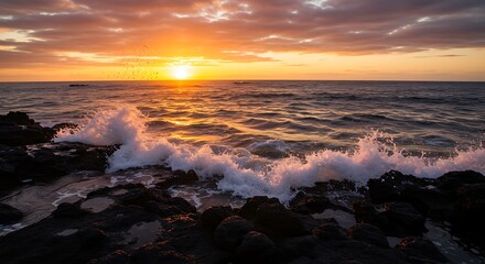 Sunset over the ocean with waves crashing on the rocks, beautiful scenery.