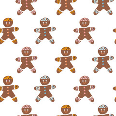 Seamless pattern on gingerbread cookies in the shape of a gingerbread man. Repetitive texture for Christmas backgrounds, winter holiday decorations, and packaging designs. A sweet snack for guests