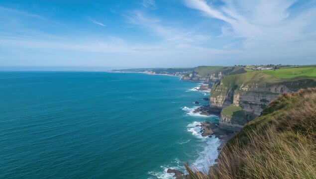 Cornwall coastline landscape featuring cliffs and sea, showcasing seasonal change