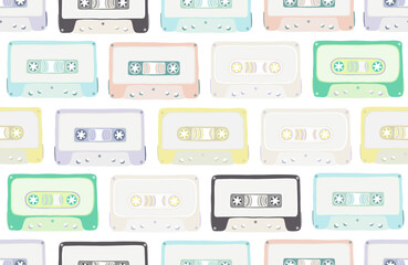 Seamless pattern, background, backdrop, wallpaper with multicolored audio cassette tapes, cartoon cute colorful bright flat design. Analog media for recording and listening to music.