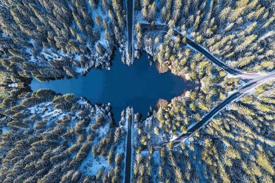 Aerial View of Snowy Forest Lake with Roads Intersecting in Winter Landscape Photography