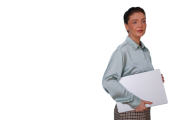 Confident businesswoman holding laptop, looking away on transparent background, preparing for presentation