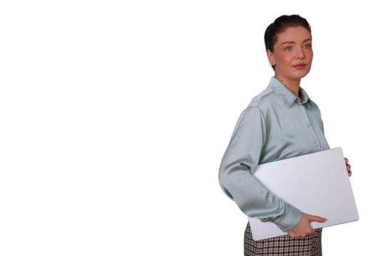 Confident businesswoman holding laptop, looking away on transparent background, preparing for presentation