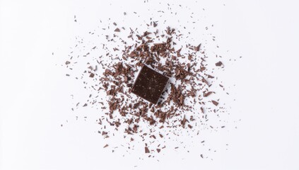 Chocolate shavings on a white backdrop, ideal for culinary decoration