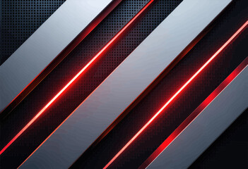 Diagonal metallic panels with glowing red neon lines on perforated dark background