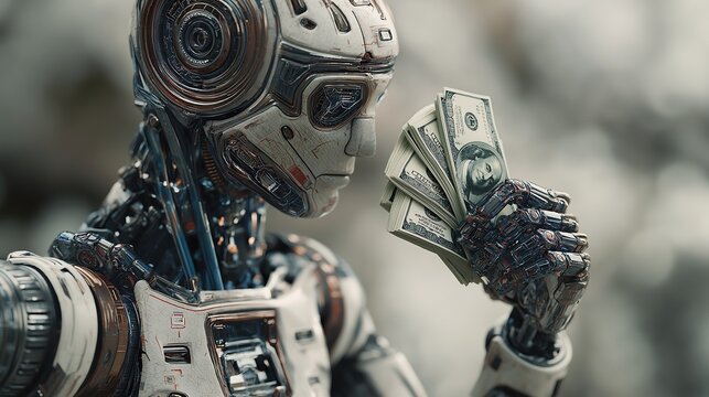 AI robot counting money in a digital style
