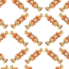 Candy pattern in orange packaging. Flat color seamless texture of holiday sweets in wrappers. rectangular chocolate candies. For Christmas, New Year background, packaging, and textile print.
