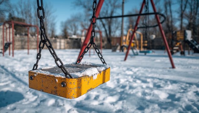 A yellow swing suspended by black metal chains in a children's playground, promoting active play and physical engagement