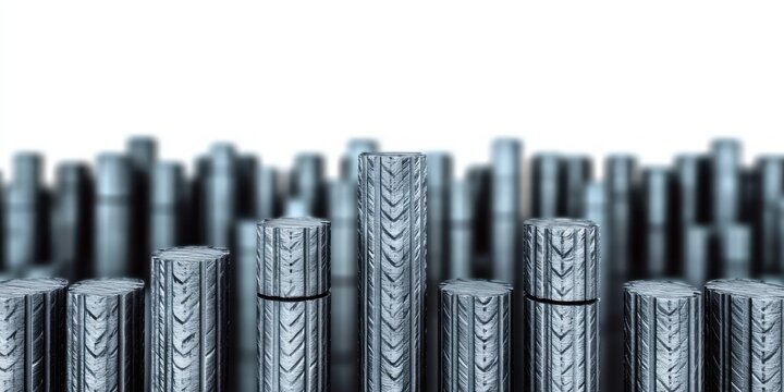 Close-up view of textured steel rods of varying heights arranged in a pattern with a blurred background of additional steel rods, conveying industrial strength and order