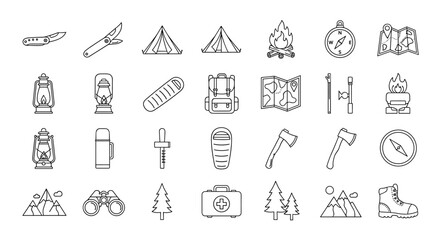 Collection of Camping and Outdoor Adventure Line Icons, featuring essential gear like folding knives, tents, lanterns, sleeping bags, backpacks, maps, compasses, axes, binoculars, first aid kit, and