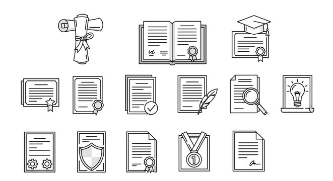 Collection of diploma and certificate icons, drawn with thin line style, suitable for apps, websites, banners, infographics, and various design projects. Includes graduation cap, scroll, open book