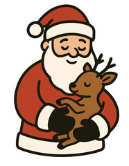 
Cute Santa Claus holding a small reindeer in his arms, Christmas vector illustration, holiday season concept
