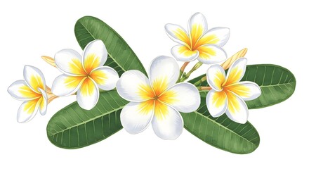 Close-up illustration of fragrant white and yellow plumeria flowers and large green leaves