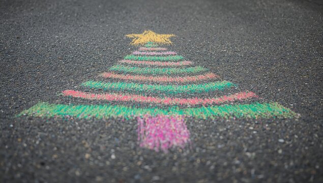 Chalk drawing on asphalt of a Christmas tree made by a young girl, art therapy theme with space for text