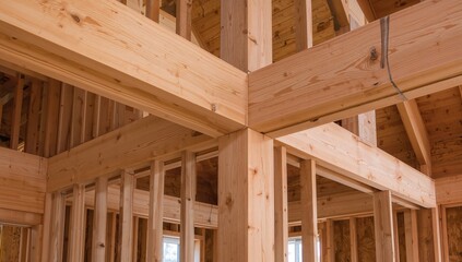 Close-up view of a new house construction showcasing a large glued laminated wood support beam intersecting with a parallel strand lumber beam, structural integrity in focus